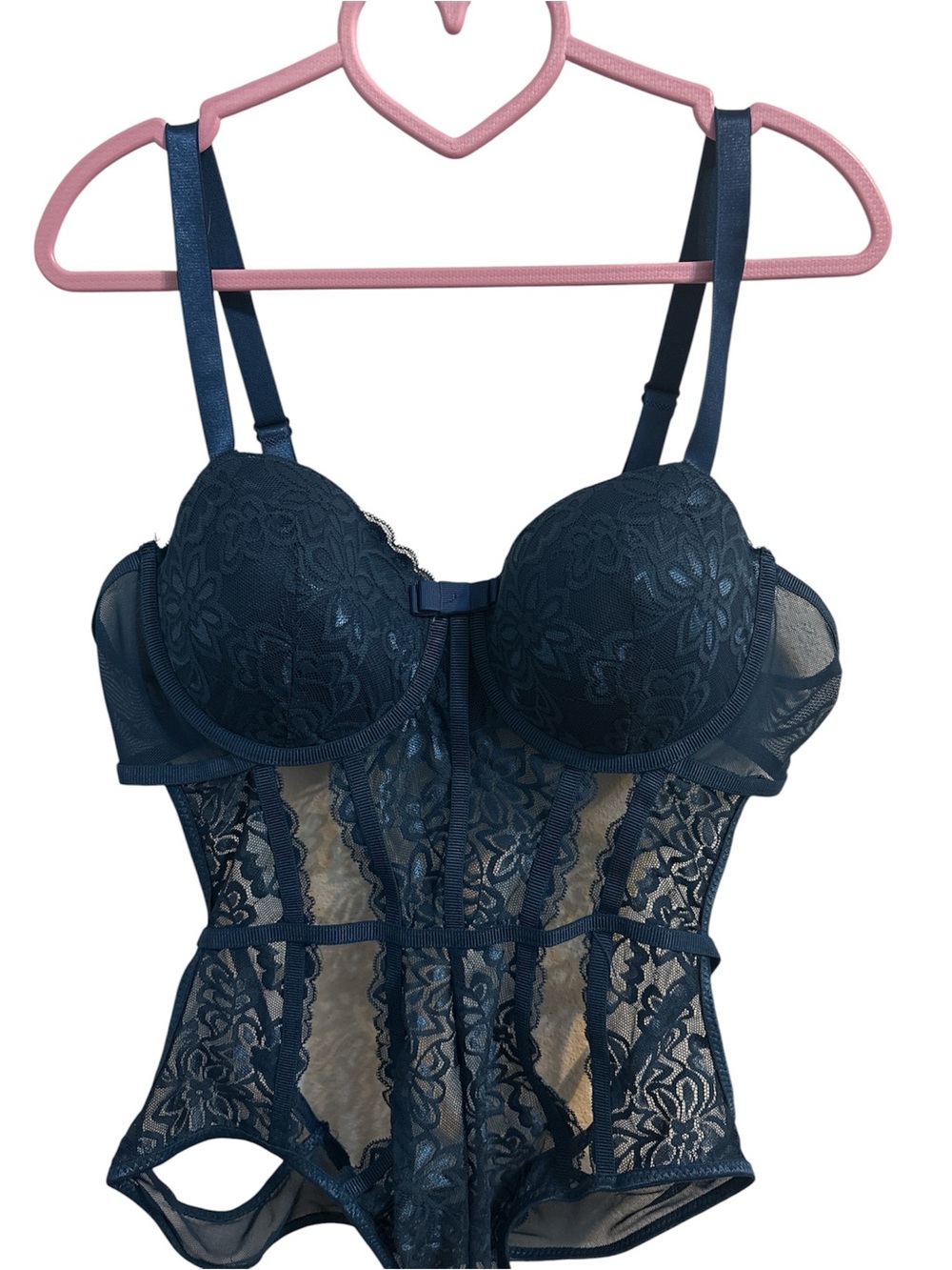 Lace Bustier Bodysuit - Aqua Navy 1X Plus